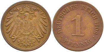 ГЕРМАНИЯ 1 ПФЕННИГ 1906 F KM 10, J. 10, Weege 2 медь 211-333
