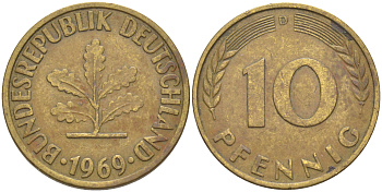 ФРГ 10 пфеннигов 1969 D KM 108, J. 383 сталь плакированная латунью 54-1345