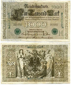 ГЕРМАНИЯ 1000 МАРОК 1910 21 АПРЕЛЯ 1910, ЗЕЛЁНАЯ ПЕЧАТЬ, СЕМИЗНАЧНЫЙ НОМЕР Pick 45b бумага 7198-32-3-2