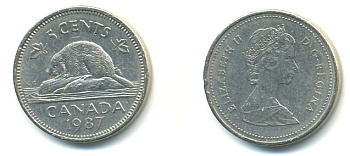 Канада 5 центов 1987 Елизавета II (1952-2022), бобер KM 60.2 a медно-никель 177-1242