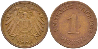 ГЕРМАНИЯ 1 ПФЕННИГ 1906 F KM 10, J. 10, Weege 2 медь 211-333