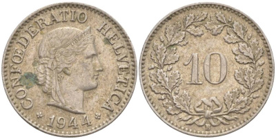 ШВЕЙЦАРИЯ 10 РАППЕНОВ 1944 В KM 27 медно-никель 201-543