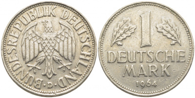 ФРГ 1 МАРКА 1964 D J.385, KM 110 медно-никель 3856-112