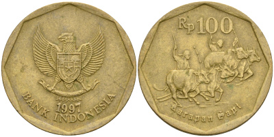 Индонезия 100 рупий 1997 гонки на быках KM 53 алюминиевая бронза 4364-2942