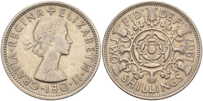Великобритания 2 шиллинга (флорин) 1967 Елизавета II (1952-2022) KM 906, Spink 4146 медно-никель 4149-833