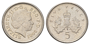 Великобритания 5 пенсов 2001 Елизавета II (1952-2022) KM 988, Spink 4670 (D5) медно-никель 4682-228