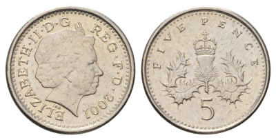 Великобритания 5 пенсов 2001 Елизавета II (1952-2022) KM 988, Spink 4670 (D5) медно-никель 4682-228