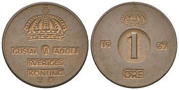 Швеция 1 эре 1967 U, Густав VI Адольф (1950-1973) KM 820 бронза 220-1012