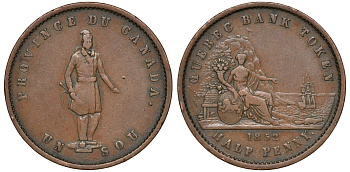 Канада 1/2 пенни = 1 су 1852 банк Квебека, Quebec Bank Token CCT PC-3, Breton His 529, KM Tn20 медь 1531-735