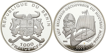 Бенин 1000 франков 2001 парусное судно "Лейф Эрикссон", тысячилетие открытия новых миров серебро PROOF 01-077-21