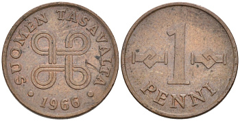 Финляндия 1 пенни 1966 KM 44 медь 192-1238