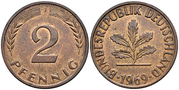 ФРГ 2 ПФЕННИГА 1969 J KM 106a, Jager 381a сталь плакированная сталь плакированная медьюю 4546-955