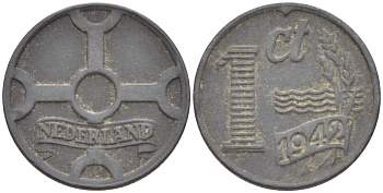НИДЕРЛАНДЫ 1 ЦЕНТ 1942 ВИЛЬГЕЛЬМИНА I (1891-1948), ГЕРМАНСКАЯ ОККУПАЦИЯ, ВТОРАЯ МИРОВАЯ ВОЙНА KM 170 цинк 4532-1135