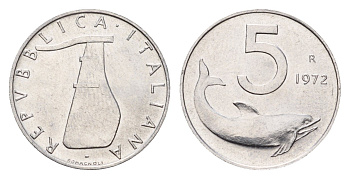 Италия 5 лир 1972 R, плуг, дельфин KM 92 алюминий UNC 4649-931