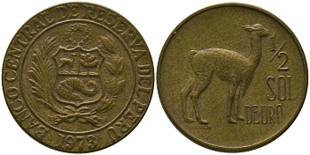 Перу 1/2 соль 1973 KM 247, Schon 52 латунь 4539-1133