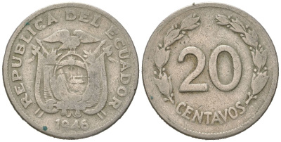 Эквадор 20 сентаво 1946 KM 77.1b медно-никель 4611-869