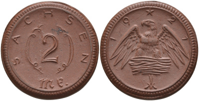 Саксония 2 марки 1921 J. N 56 фарфор 1094-1-43