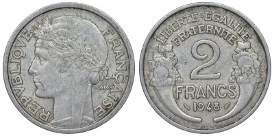 Франция 2 франка 1948 KM 886а.1, Le Franc 269.12 алюминий 4123-345