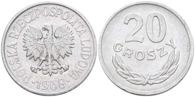 ПОЛЬША 20 ГРОШЕЙ 1968 MW KM А47 алюминий 201-454