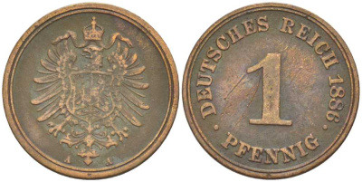 ГЕРМАНИЯ 1 ПФЕННИГ 1886 A, СТАРОГЕРБОВКА KM 1, J. 1, Weege 1 медь 206-1048