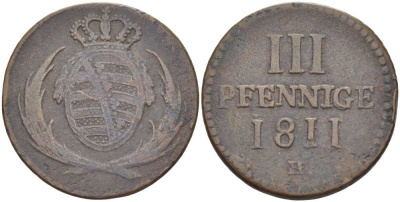 САКСОНИЯ 3 ПФЕННИГА 1811 Н, ФРИДРИХ АВГУСТ I (1806-1827) KM 1058 медь 210-213