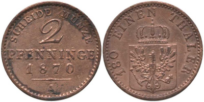 ПРУССИЯ 2 ПФЕННИГА 1870 А, ВИЛЬГЕЛЬМ I (1861-1888) KM 481 медь 116-648
