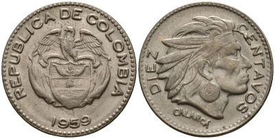 Колумбия 10 сентаво 1959 индеец Каларка KM 212 медно-никель 4189-726