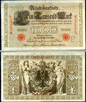Германия 1000 марок 1910 21 апреля 1910, красная печать, номер семизначный, серия J, буква P, выпуск АПРЕЛЬ - ИЮЛЬ 1918 Pick 44 b бумага 2194-33-1-1