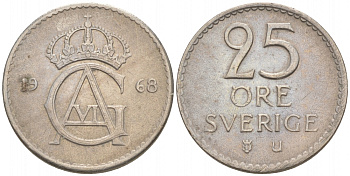 Швеция 25 эре 1968 U Густав VI Адольф (1950-1973) KM 836 медно-никель 44-144