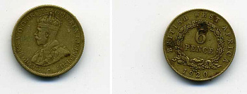 Британская Западная Африка 6 пенсов 1920 Георг V (1910-1936) KM 11b олово латунь 02-205-55