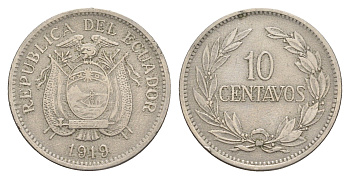 Эквадор 10 сентаво 1919 KM 64 медно-никель 4641-547