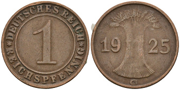 Германия 1 рейхспфенниг 1925 G KM 37, J. 313 бронза 4516-1117