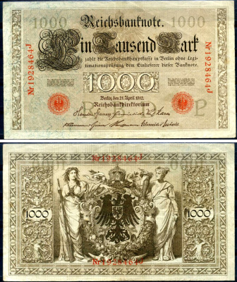 Германия 1000 марок 1910 21 апреля 1910, красная печать, номер семизначный, серия J, буква P, выпуск АПРЕЛЬ - ИЮЛЬ 1918 Pick 44 b бумага 2194-33-1-1