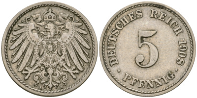 Германия 5 пфеннигов 1908 A KM 11, Jager 12, Weege 6 медно-никель 4364-4552