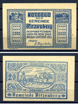 Питценберг (Австрия) 20 геллеров 1920 Jaksc/Pick?JPR0753-20 бумага UNC (пресс) 7556-31-1-2