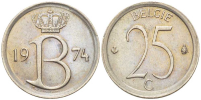 БЕЛЬГИЯ 25 САНТИМОВ 1974 BELGIE, БОДУЭН I (1951-1993) KM 154.1 медно-никель 214-155