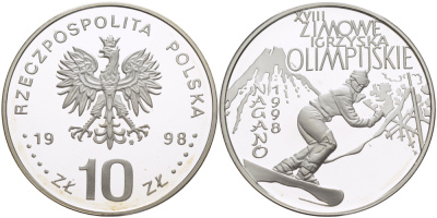 Польша 10 злотых 1998 MW, XVIII Зимние Олимпийские игры в Нагано 1998 года, сноуборд KM 341 серебро PROOF 1080-9-51
