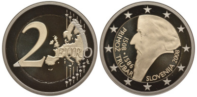 Словения 2 евро 2008 500 лет со дня рождения Приможа Трубара, тираж 2000 экз. KM 80 биметалл PROOF M1-12