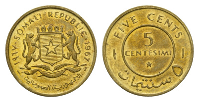 Сомали 5 чентезимо 1967 год-тип KM 6 латунь UNC 54-864