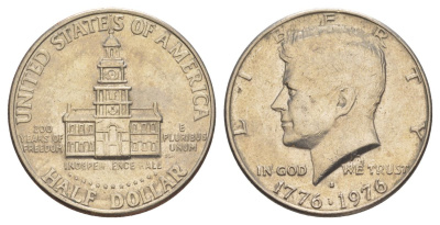 США 1/2 доллара (50 центов) 1976 D, 200 лет независимости, Джон Кеннеди KM 205 медь плакированная медно-никелем aUNC 4545-844