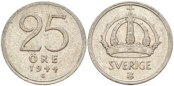 Швеция 25 эре 1944 G, Густав V (1907-1950) KM 816 серебро 4147-957