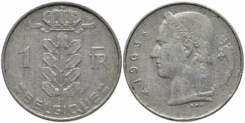 Бельгия 1 франк 1963 Belgique, Бодуэн I (1951-1993) KM 142.1 медно-никель 113-111