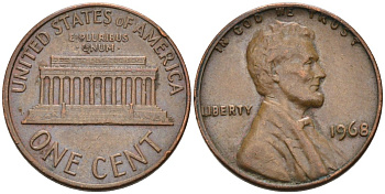 США 1 цент 1968 Линкольн KM 201 медь цинк 4564-446