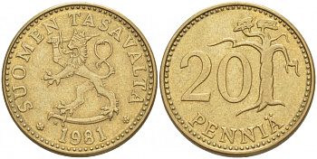 ФИНЛЯНДИЯ 20 ПЕННИ 1981 K KM 47 алюминиевая бронза 3718-516