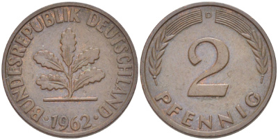 ФРГ 2 ПФЕННИГА 1962 D KM 106, J. 381 бронза 4181-731