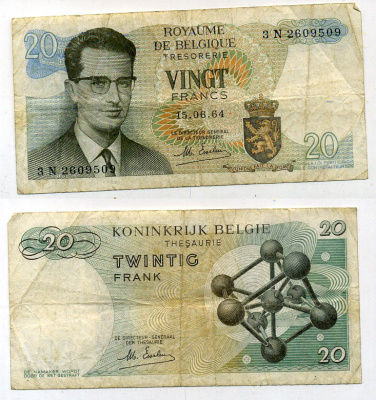 Бельгия 20 франков 1964 Бодуэн I, атомиум, Esselens Pick 138 (2) бумага 7551-28-4-1