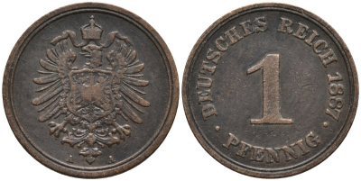 Германия 1 пфенниг 1887 A, старогербовка KM 1 медь 44-1058