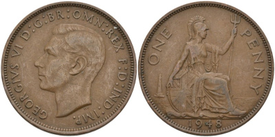 Великобритания 1 пенни 1948 Георг VI (1936-1952) KM 845, Spink 4114 бронза 4574-145