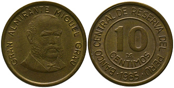 Перу 10 сентимо 1985 LIMA, Мигель Грау Семинарио KM 293, Schon 94 латунь 4532-728