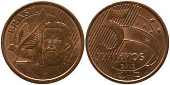 Бразилия 5 сентаво 2013 KM 648, Schon 156 сталь плакированная медью 4525-147